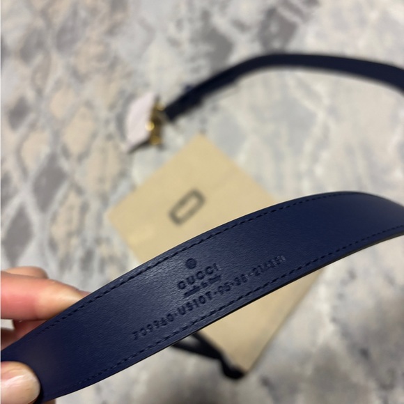 GUCCI BELT GG MARMONT ANTIQUE BRASS MEMORABLE BUCKLE BLUE AGATA WOMENS - Picture 6 of 9